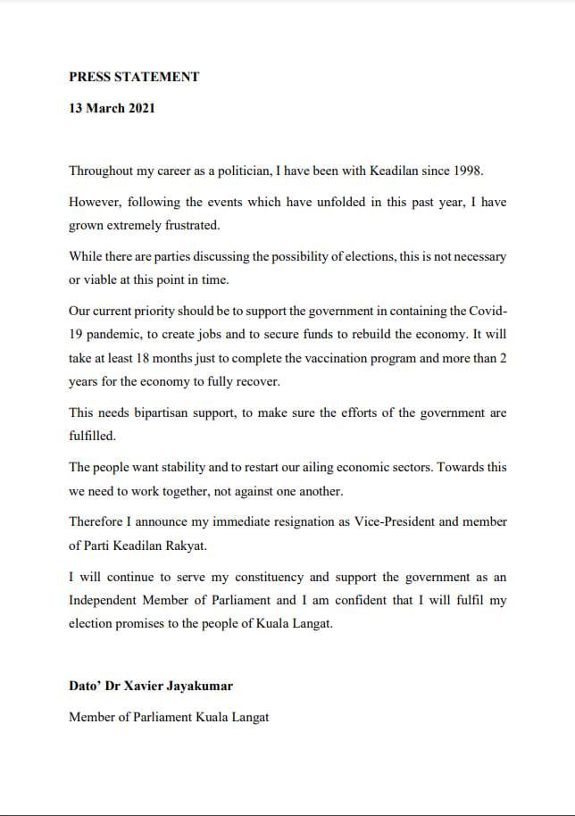 Kuala Langat's MP resignation letter